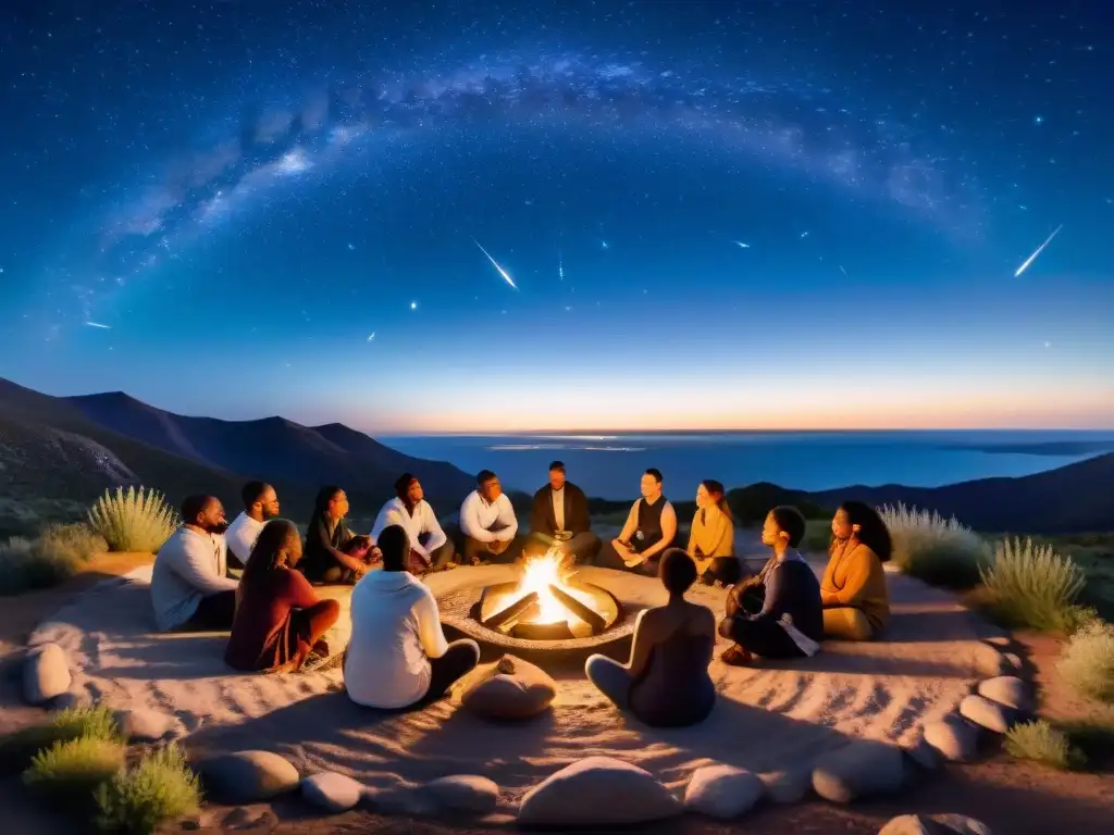 Un círculo de personas diversas en un retiro espiritual alineación astros sociedad bajo un cielo estrellado y mágico