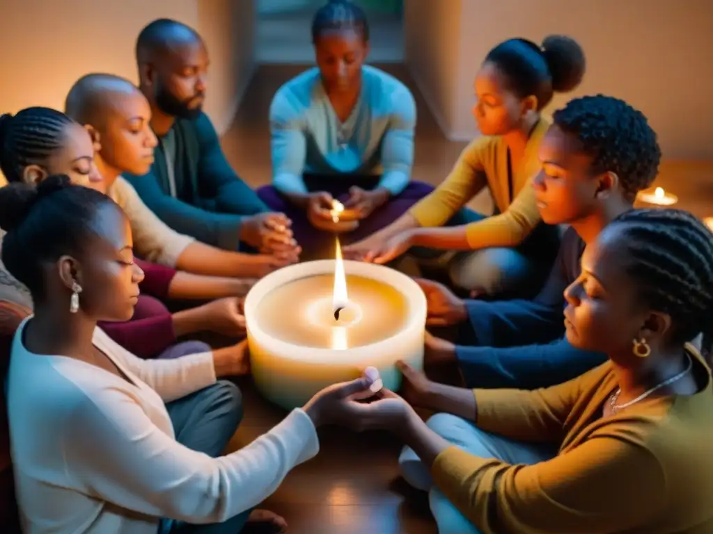 Un círculo de personas diversas con velas de siete colores, en meditación espiritual