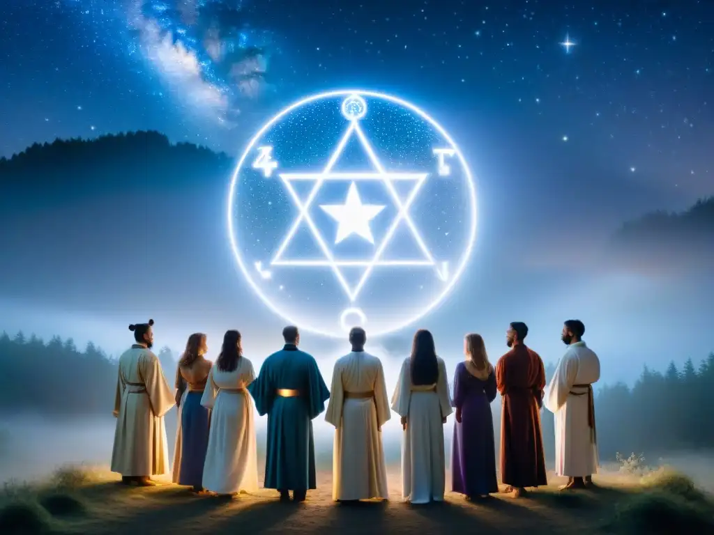 Ritual astrológico en el bosque místico Un círculo de personas con símbolos zodiacales bajo un cielo estrellado en un ritual zodíaco esotérico