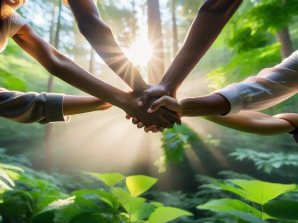 Un círculo de personas unidas por la esperanza, bañadas en luz en un bosque sereno