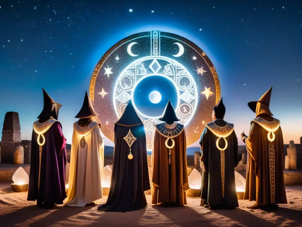Ritual astral bajo la luna: conexión espiritual en ruinas ancestrales Un círculo de personas vestidas con túnicas y símbolos misteriosos, sosteniendo cristales brillantes bajo un cielo estrellado