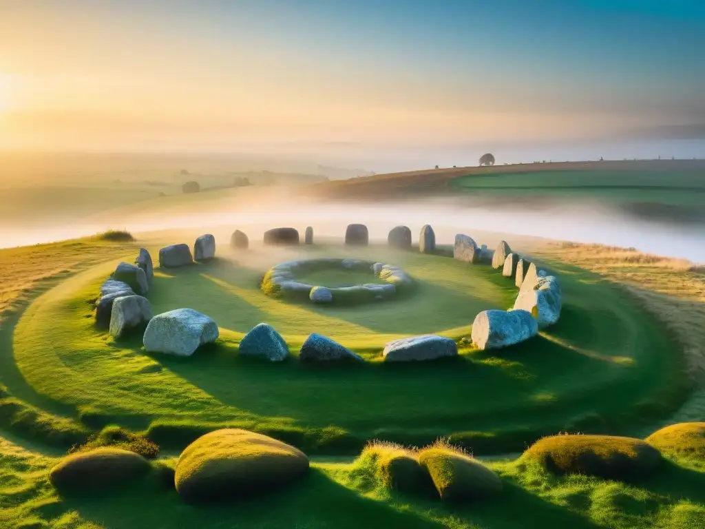 Un círculo de piedra antiguo al amanecer, rodeado de niebla, con una atmósfera mística