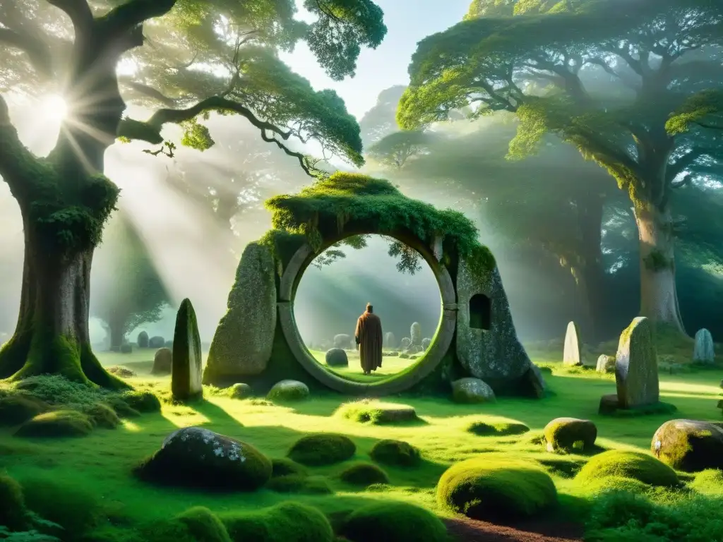 Un círculo de piedras ancestral en un bosque misterioso, con un druida invocando sabiduría y poder