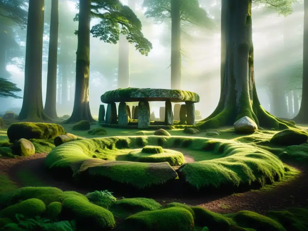 Un círculo de piedras antiguas en un bosque neblinoso con carvings y musgo, evocando la influencia de las sociedades secretas druidas en Europa