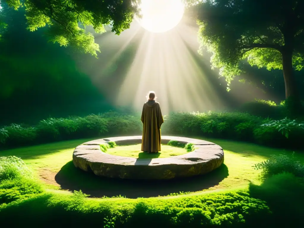 Un círculo de piedras antiguas rodeado de vegetación exuberante, iluminado por los rayos del sol, mientras un druida realiza un ritual