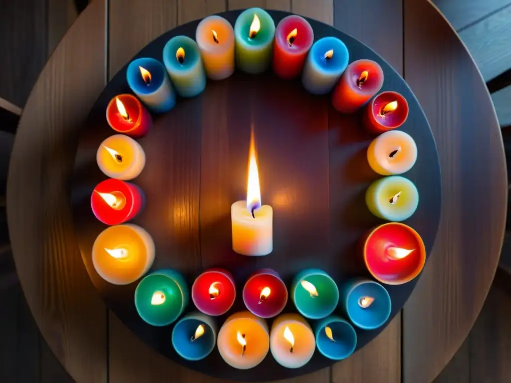 Un círculo de velas mágicas emitiendo colores y aromas, iluminando la mesa de madera oscura