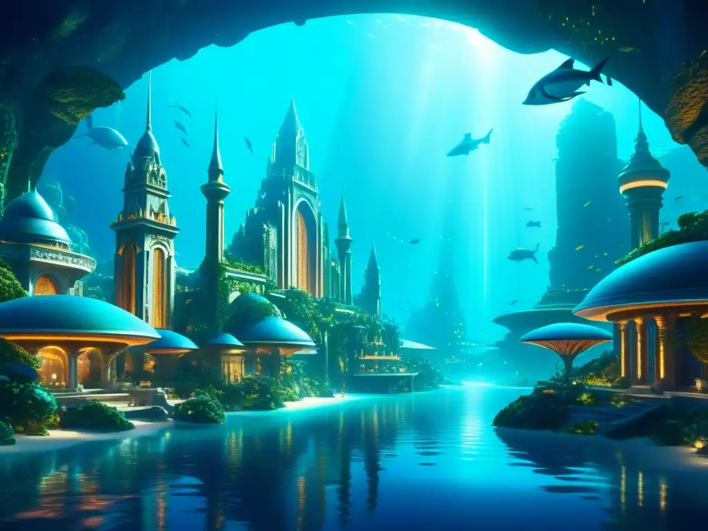 Una ciudad submarina futurista que recuerda a Atlantis, con arquitectura intrincada y vida marina, rodeada de un arrecife de coral vibrante