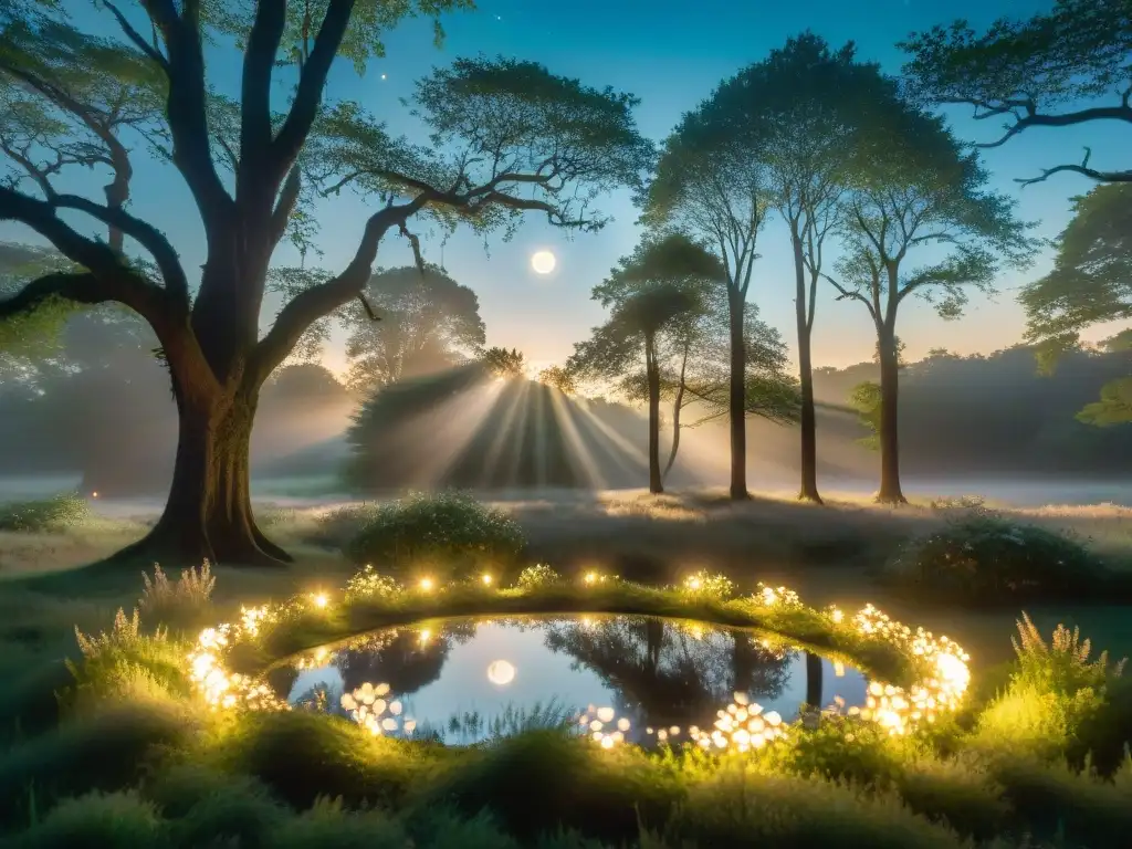 Un claro de bosque iluminado por la luna con luces de hadas danzantes