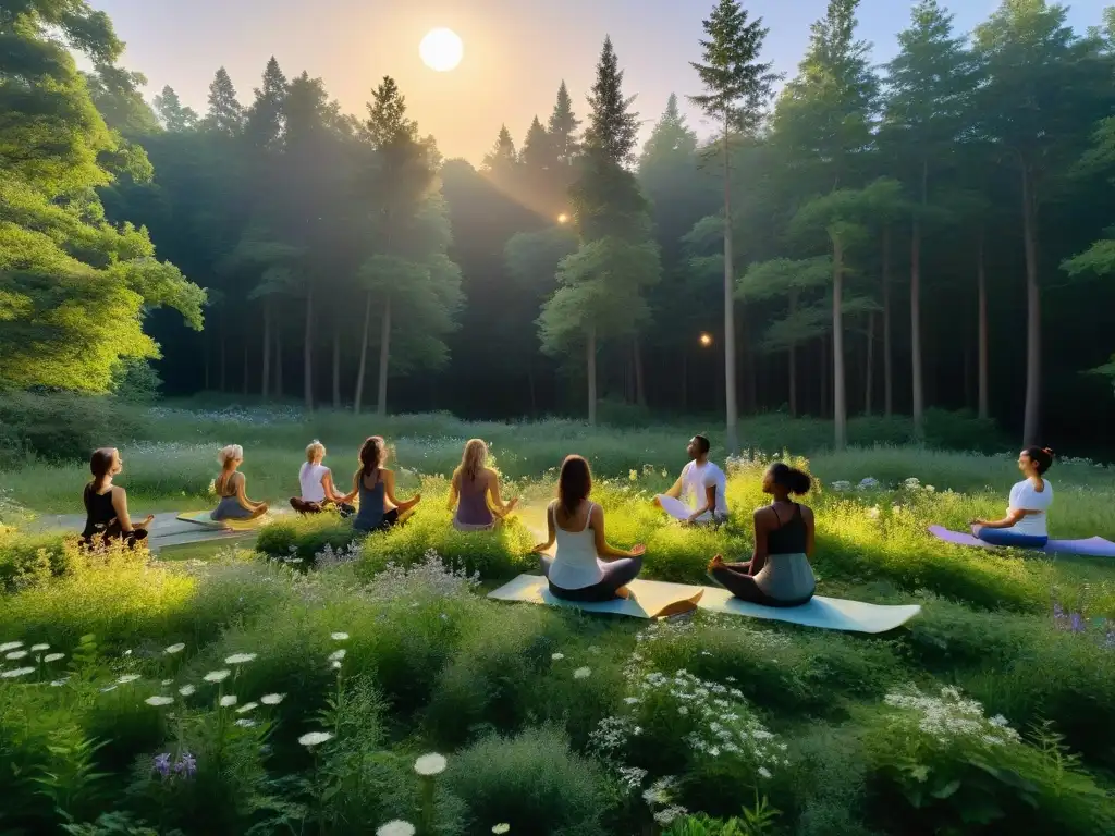 Un claro de bosque iluminado por la luna donde diversas personas practican ritmos naturales salud influencia luna