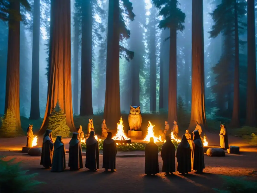 En un claro del bosque, figuras en túnicas rodean una estatua de búho iluminada por antorchas, evocando rituales secretos en Bohemian Grove sociedad