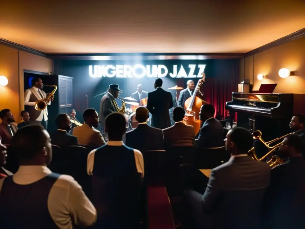 Un club de jazz subterráneo iluminado tenuemente, con figuras misteriosas y símbolos ocultos