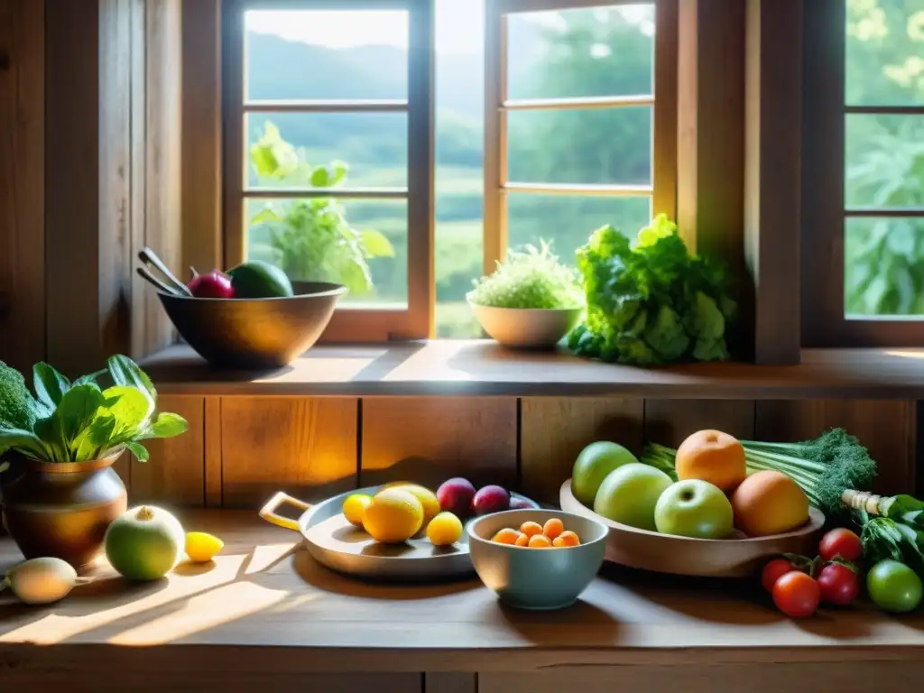 Una cocina llena de ingredientes frescos y coloridos con toques de alquimia en la comida