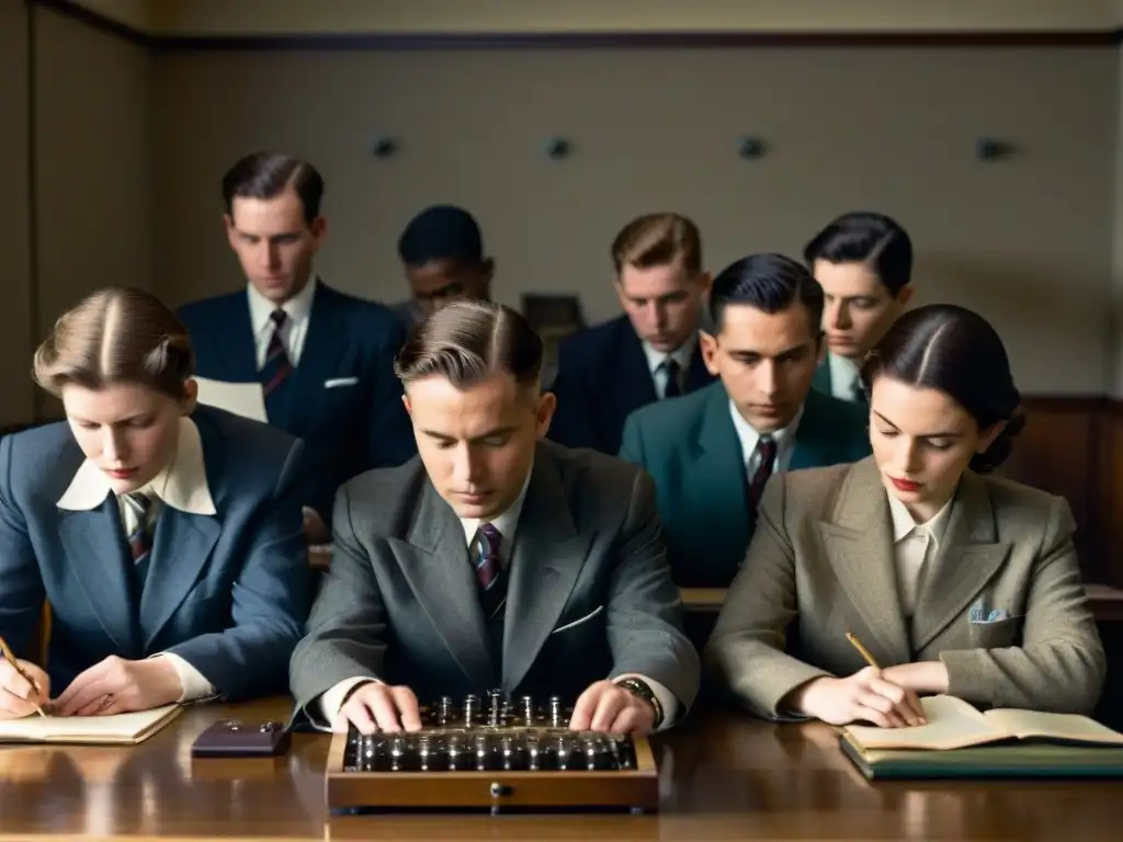 Codebreakers en Bletchley Park descifrando mensajes en la Máquina Enigma Segunda Guerra Mundial, inmersos en la tensión y la importancia de su misión