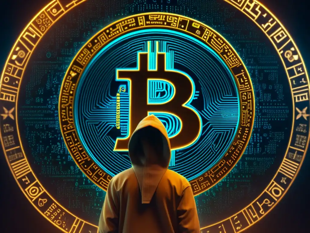 Un código enigmático forma el símbolo de Bitcoin entre símbolos antiguos y una figura misteriosa