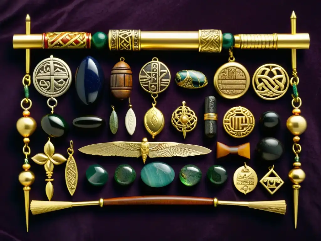 Una colección diversa de antiguos talismanes y amuletos en un fondo de terciopelo oscuro, representando la historia de la protección espiritual