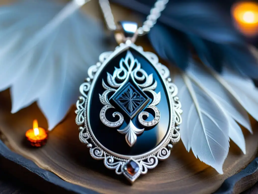 Un colgante de obsidiana brillante con símbolos protectores, en un entorno espiritual con talismanes poderosos protección espiritual