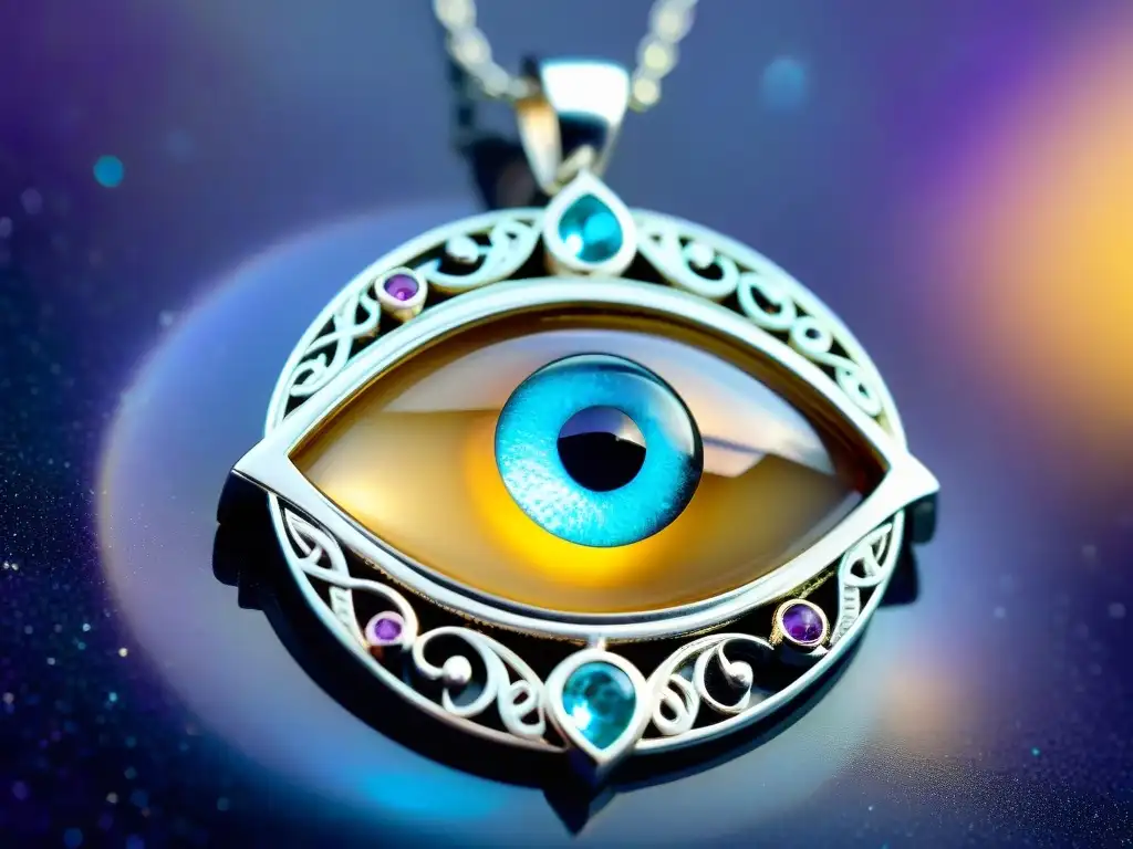 Un colgante plateado con forma de ojo místico rodeado de gemas brillantes, evocando protección y misterio en una noche estrellada