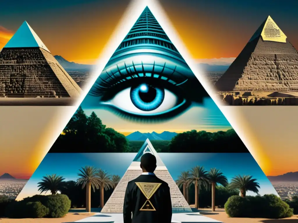 Collage intrigante con símbolos de los Illuminati y cultura popular