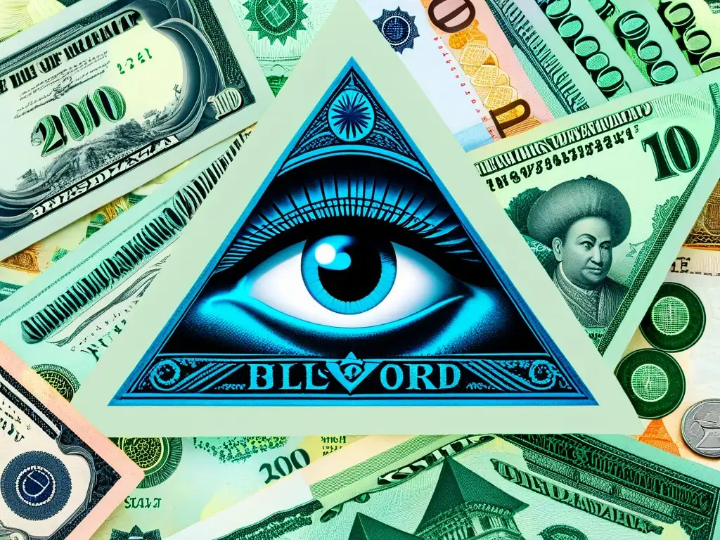 Un collage de monedas y billetes de distintos países con símbolos Illuminati