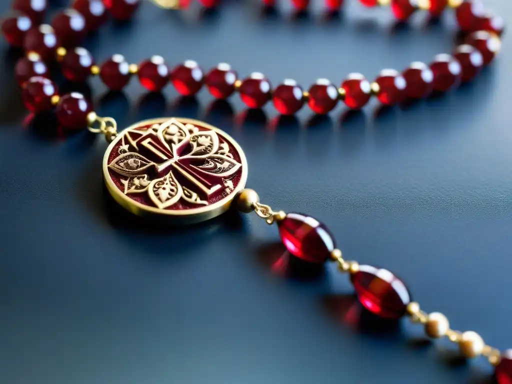 Un collar de rosario intrincado en tonos rojos profundos, simbolizando mantras y afirmaciones en Rosacruz