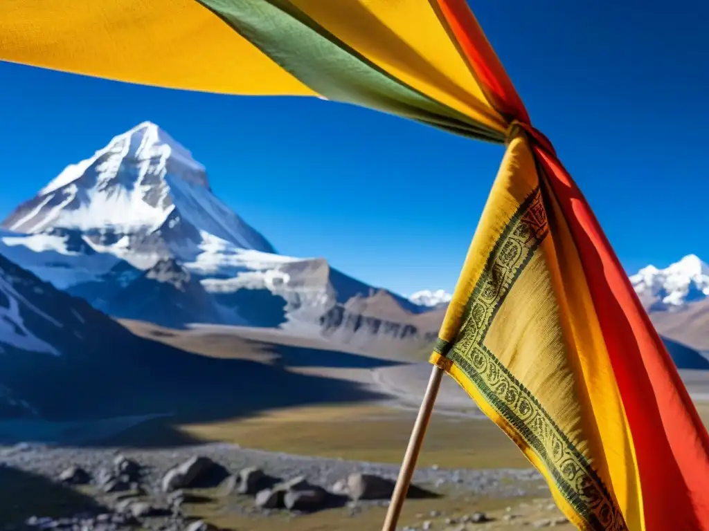 Un colorido estandarte de oración ondeando frente al Monte Kailash, revelando los secretos del Monte Kailash en su esplendor espiritual y misterioso