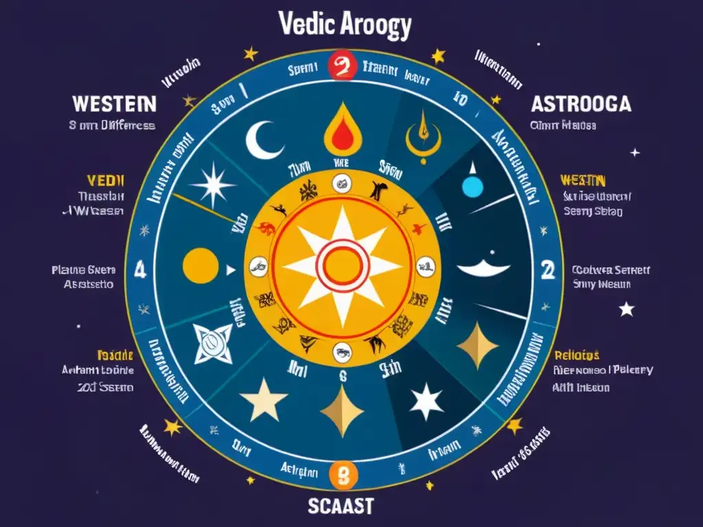 Comparativa detallada de diferencias entre la astrología védica y occidental, resaltando sus distintivos culturales y filosóficos