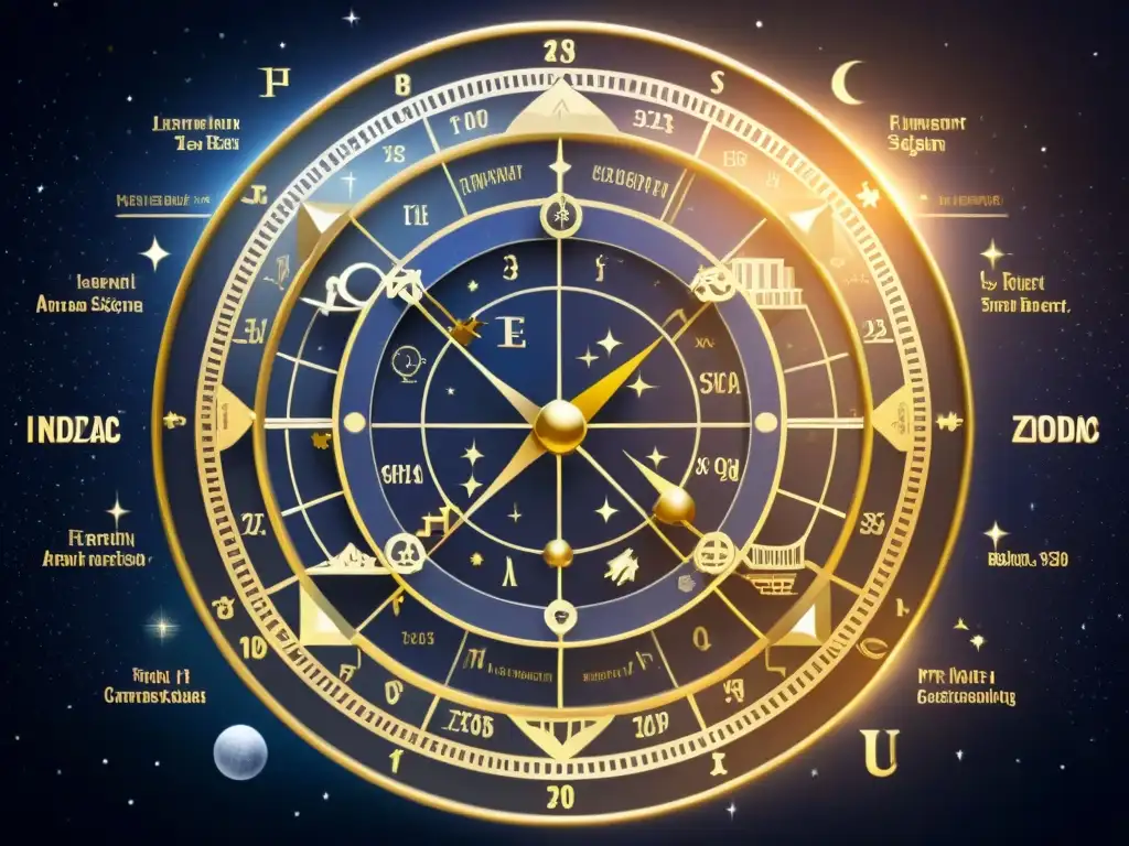 Complejo diagrama astronómico con signos del zodiaco y símbolos financieros, conectados en una red mística