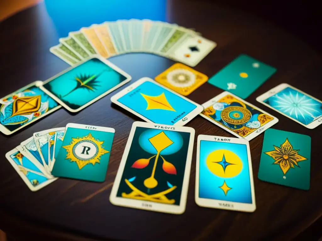 Una composición detallada de cartas de Tarot sobre una mesa de madera, iluminadas por luz natural, invita a descubrir el Tarot para éxito profesional