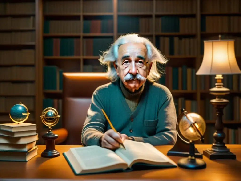 Albert Einstein concentrado en una ecuación, rodeado de libros y un figura sombría al fondo