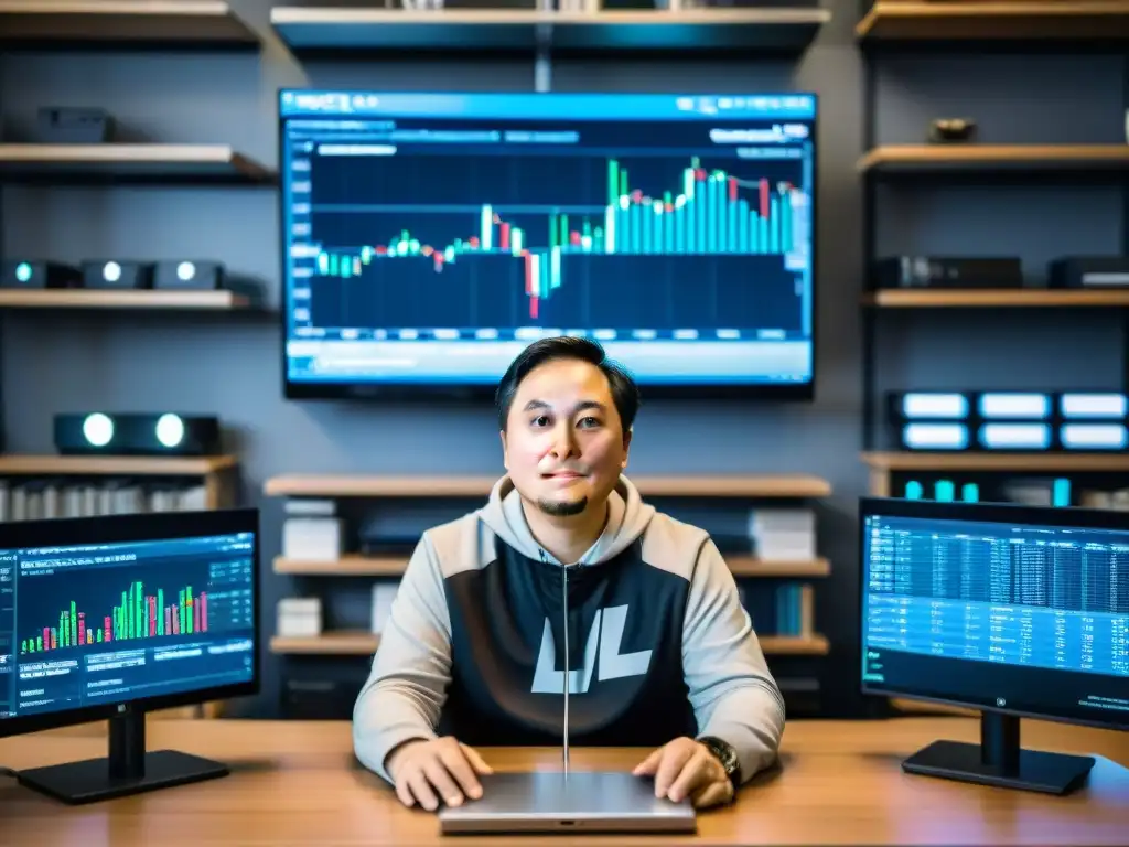 Charlie Lee, creador de Litecoin, concentrado en su escritorio rodeado de datos criptográficos y libros