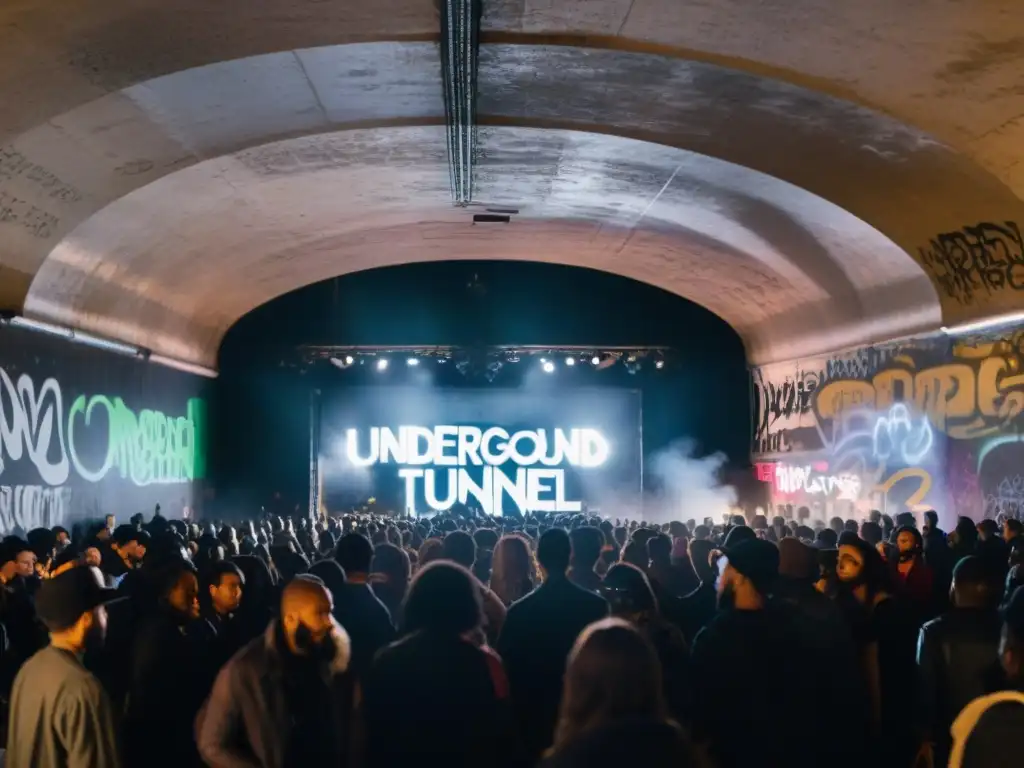 Un concierto clandestino en un túnel subterráneo iluminado por luces tenues, lleno de grafitis y una multitud expectante