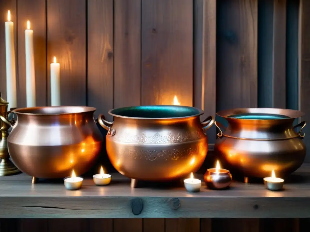 Un conjunto de calderos de cobre relucientes, grabados con símbolos místicos, rodeados de una luz etérea en un altar de madera