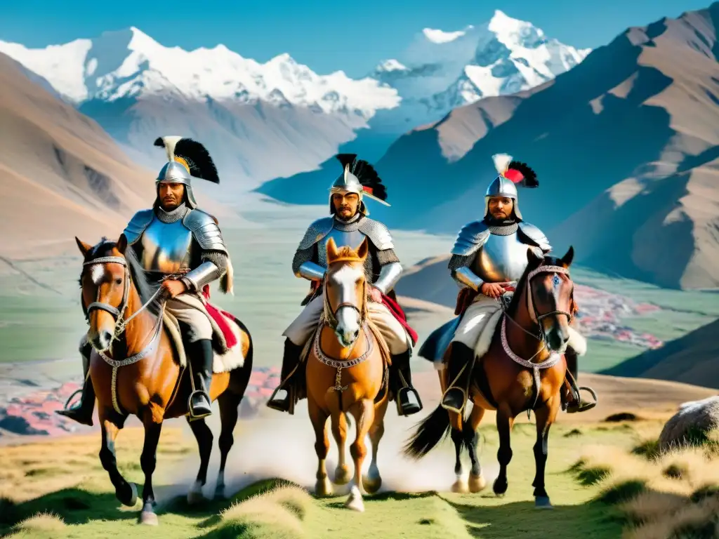 Conquista y enigma: Conquistadores españoles y Incas en los Andes, simbolizando la desaparición de los tesoros perdidos Incas