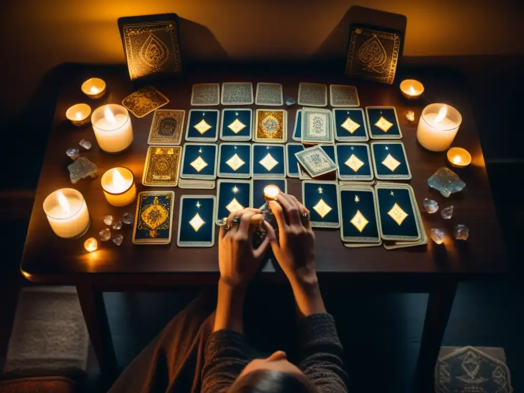 Un consultante del tarot despliega cartas en una mesa iluminada por velas y cristales, rodeado de una atmósfera mística