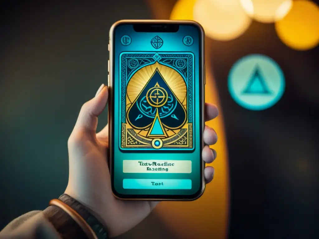 El contraste entre el tarot antiguo y la app de lectura en un smartphone, fusionando misticismo ancestral con tecnología moderna