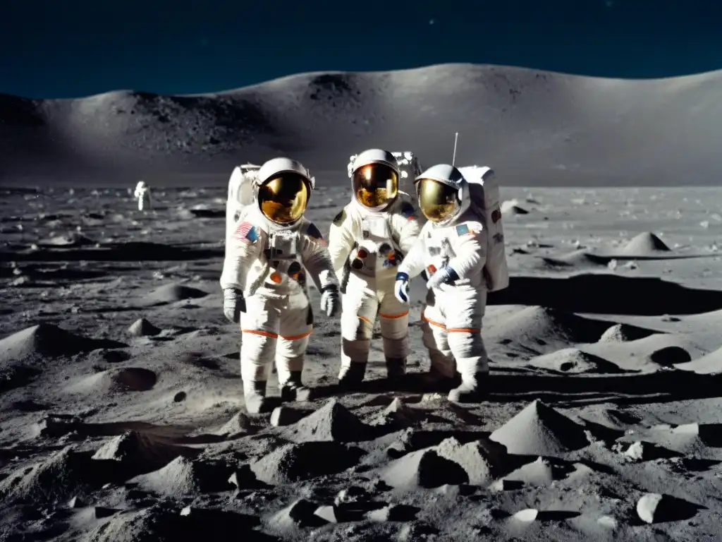 Exploración cósmica: Astronautas en la Luna rodeados de equipos espaciales, revelaciones sobre la masonería espacial