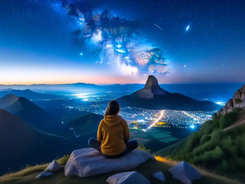 Meditación cósmica en la cima de la montaña, conectado con energías celestiales