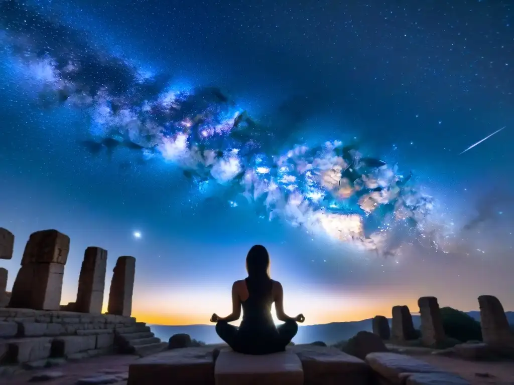 Conexión cósmica: persona meditando bajo el cielo estrellado con la luna y ruinas antiguas