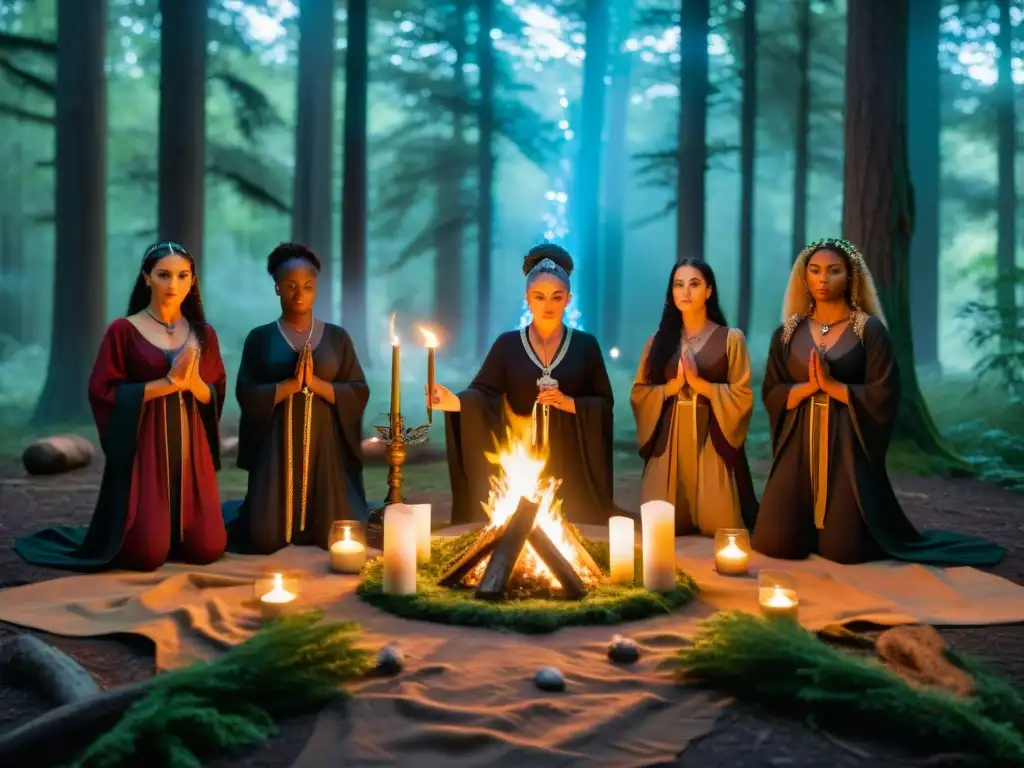 Un coven de brujas modernas realizando un ritual en un claro del bosque, con una atmósfera mística bajo la luz de la luna