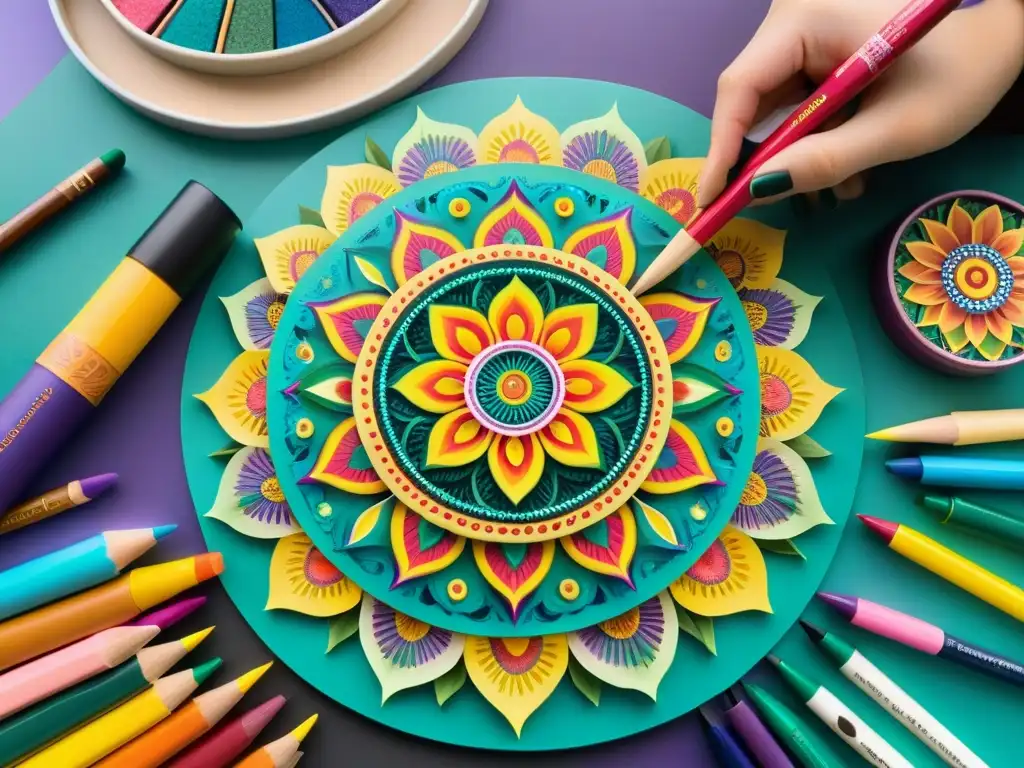 Creación de un mandala detallado a mano, simbolizando los beneficios de la creatividad en sanación