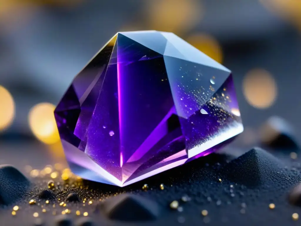 Un cristal de amatista púrpura brillante reposa sobre arena negra brillante con destellos dorados