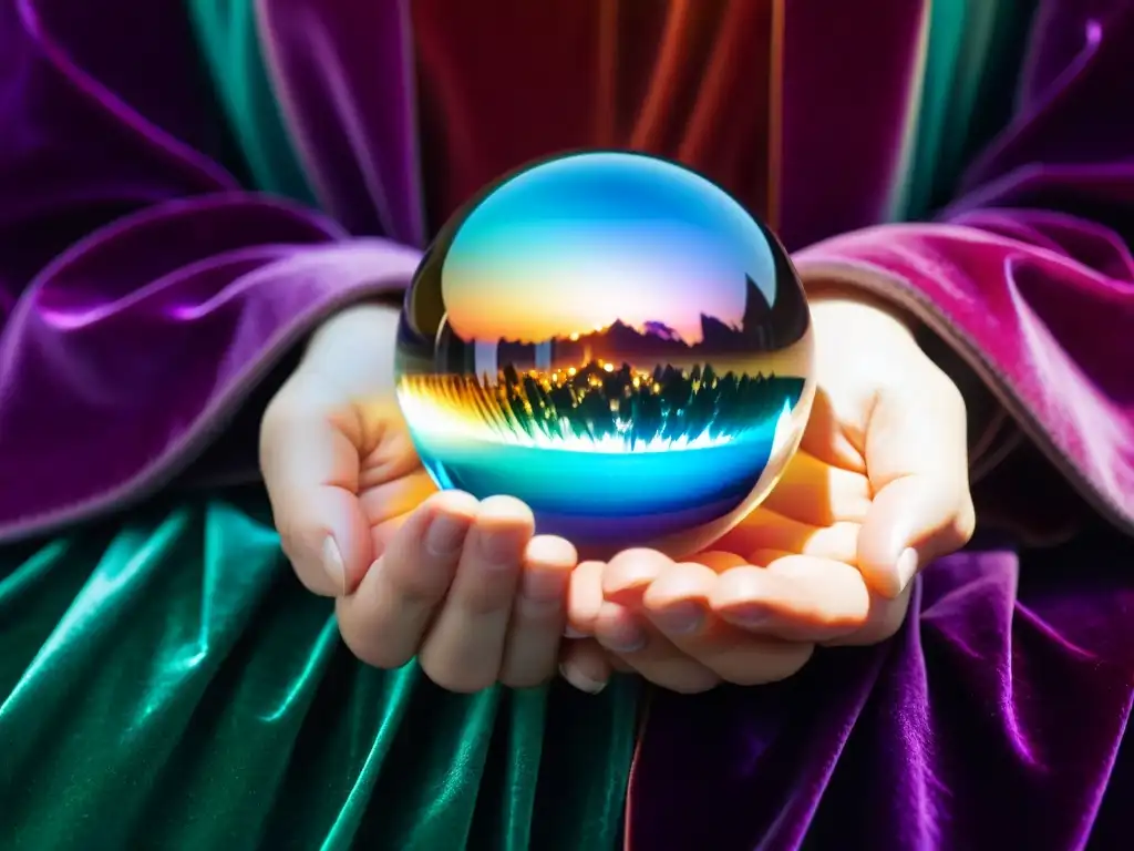 Esfera de cristal iridiscente en mano: belleza mística Un cristal iridiscente en la mano, rodeado de otros cristales brillantes en un fondo de terciopelo