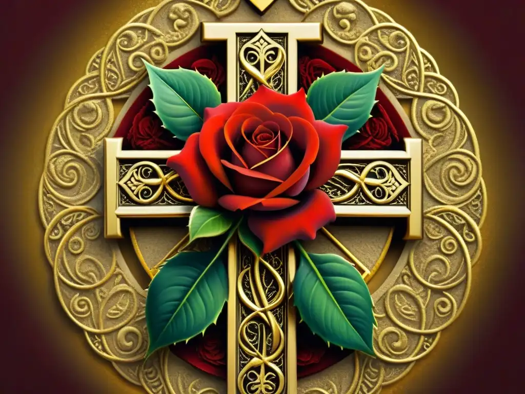 Un cruce dorado intrincado se entrelaza con una delicada rosa roja, fusionando espiritualidad y belleza en el simbolismo rosacruz
