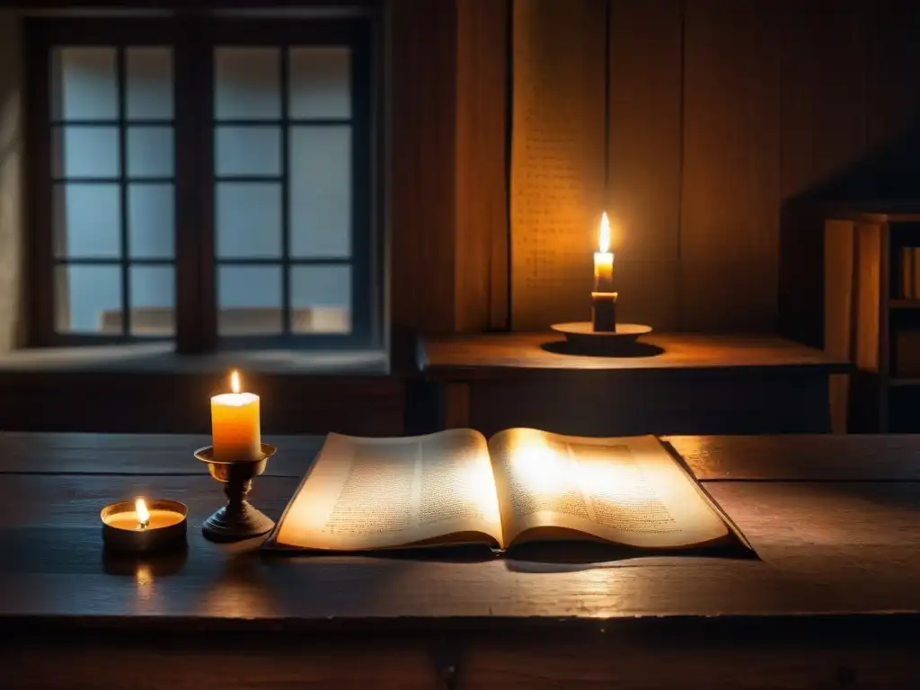 Un cuarto misterioso con antiguos manuscritos en una mesa de madera iluminados por una vela