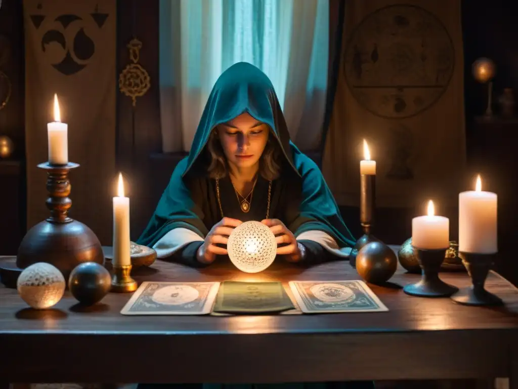 Un cuarto misterioso con artefactos antiguos y símbolos, una mesa de madera con bolas de cristal, cartas del tarot y una vela