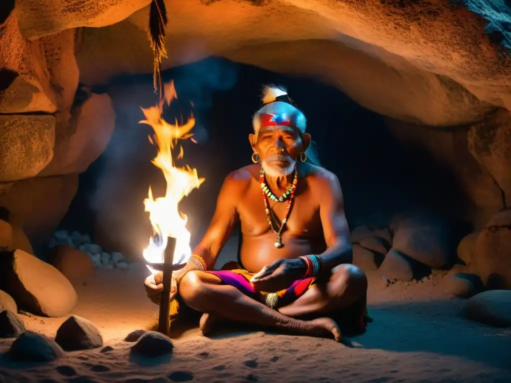 En una cueva iluminada por antorchas, un anciano chamán indígena realiza un ritual de purificación sobre un miembro joven de su tribu