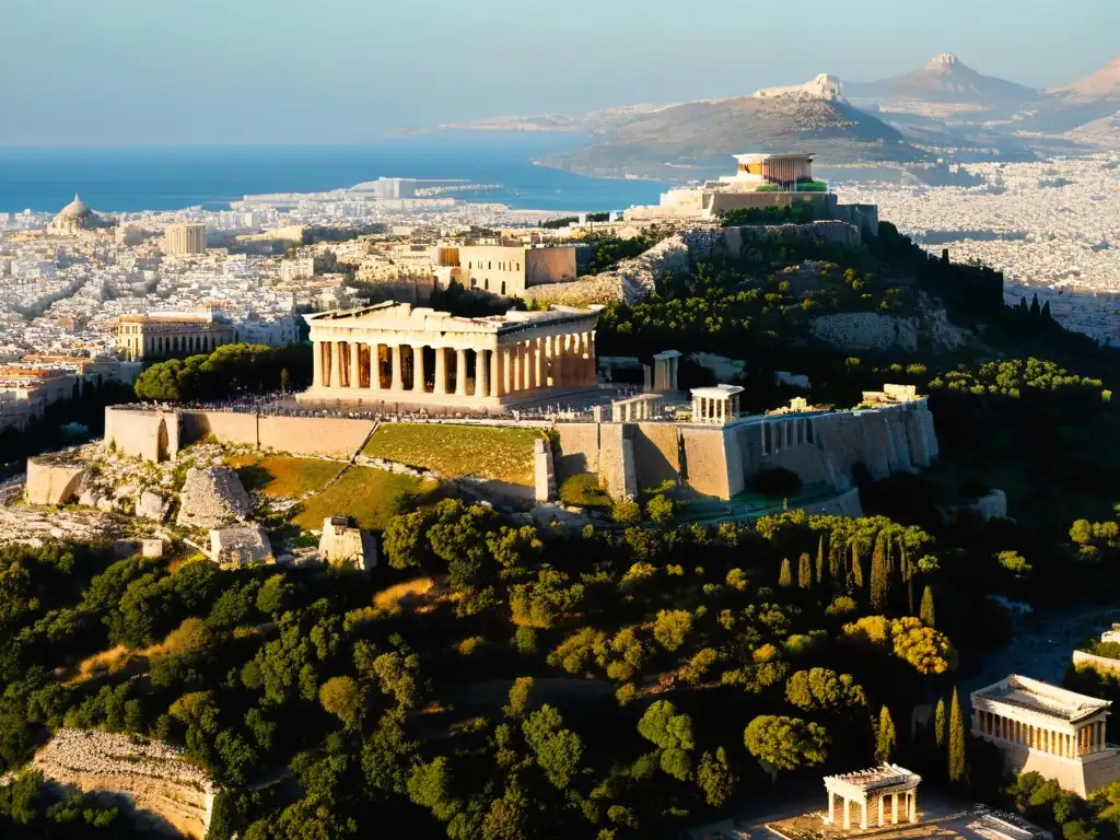 Conexión de cultos antiguos en Atenas: El Partenón iluminado al atardecer, entre ruinas y bullicio urbano