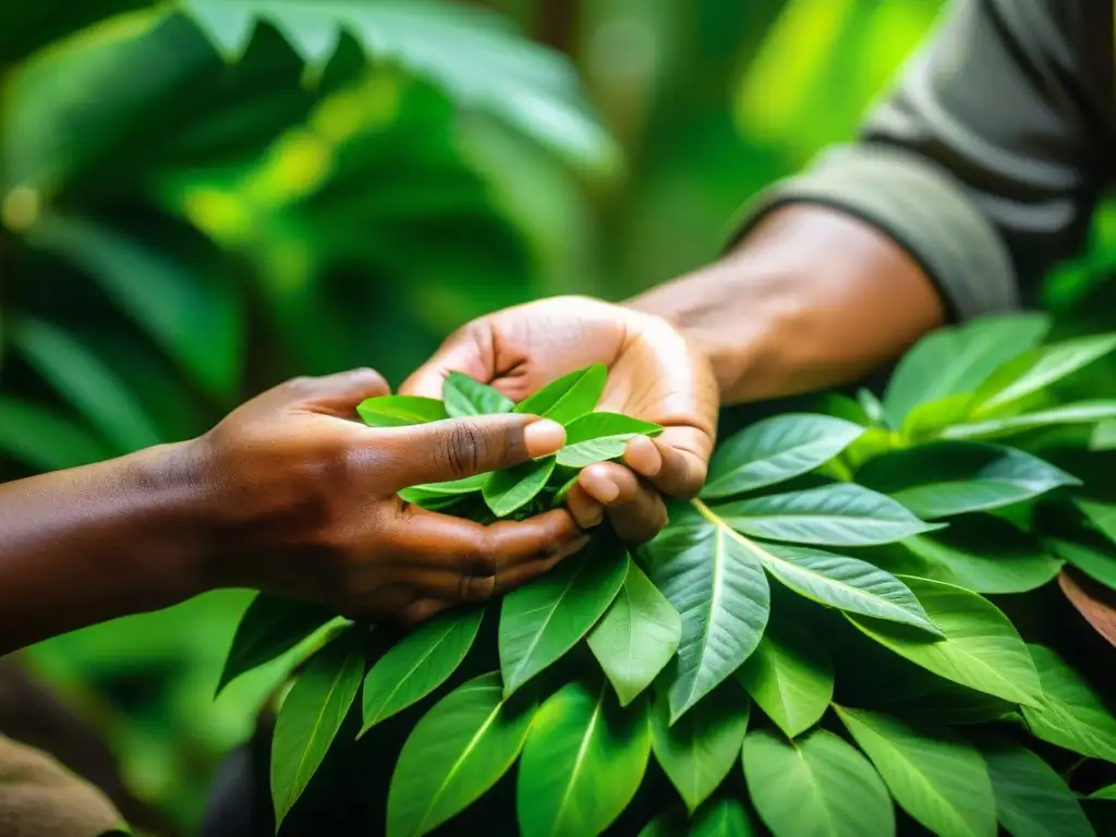 Un curandero amazónico seleccionando plantas medicinales en la exuberante selva, con un aura mística