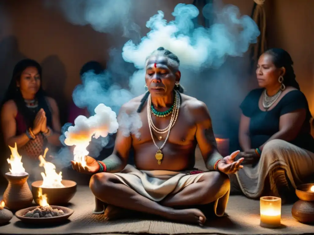 Un curandero tradicional realiza un ritual de limpieza espiritual con salvia blanca, rodeado de humo y velas encendidas