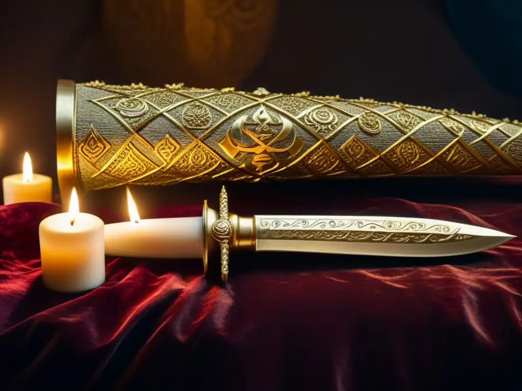 Daga ceremonial dorada con símbolos antiguos en misteriosa habitación Una daga ceremonial dorada con símbolos antiguos, sobre cojín de terciopelo en habitación misteriosa iluminada por velas